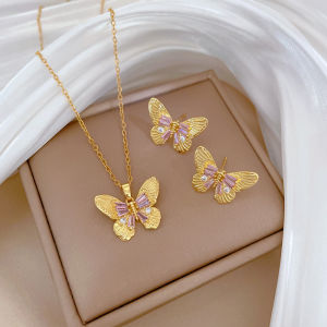 Stainless Steel Steell Pink Crystal Relief Butterfly Pendant Necklace Earring Set Women New Fashion Jewelry Gift