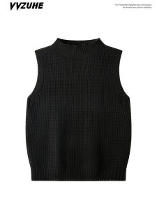 Áo Len Dệt Kim Màu Đen Không Tay Cổ Cao Kiểu Pháp Cho Nữ Mùa Thu Mới Áo Lót Bên Trong Phong Cách Mới Thoải Mái Thoáng Khí