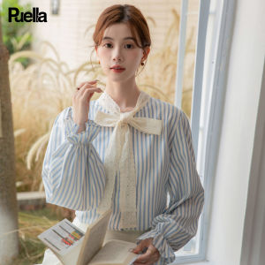 puella | Spring French Blue Stripe Bow Tie Casual Shirt