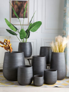 Jingdezhen Modern Minimalist Black Flower Pot Nordic Style Floor Standing Living Room Hotel Green Plant Decoration Ornaments
