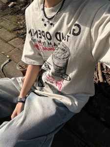 Summer Mens T-Shirt Pure Cotton Loose Fit Short Sleeve Fun Burger Print Casual Lazy Style Heavyweight Mens Fashion Top