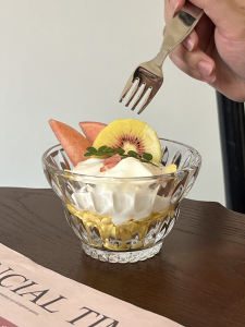 Style Embossed Wide Mouth Glass Cup Breakfast Oats Crystal Bowl Ice Cream Dessert Yogurt Bowl Nordic Style round Shape Glassware