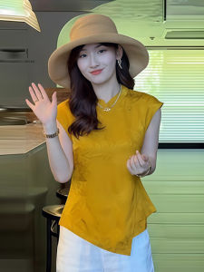 เสื้อเชิ้ตคอตั้งแขนกุดสไตล์จีนใหม่ฤดูร้อนปี 2025 สำหรับผู้หญิง ทรงหลวม ทรงปกติ ผ้าโพลีเอสเตอร์ ไม่ต้องรีด ระบายอากาศได้ดี