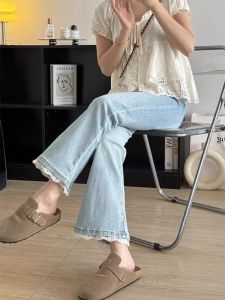 WANGGONGZHU | Light Blue Lace Nine-Tenths Jeans Women Summer New Plus Size Slimming Fashion Elastic Straight Micro Flared Pants Casual High Waist Wide Leg Zipper