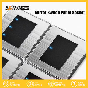 AumoPro Wall Switch for Light 86 Type Modern Wall Switch Socket Mirror Button Aluminum Brushed Frame Panel On/Off With LED night indicator Automatic Reset switches Electrical Outlet