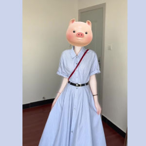 Y6Y | Blue Striped Shirt Dress Womens Summer 2025 New French Style Elegant Waist-Cut Long Dress Sweet A-Line Skirt Short Sleeve