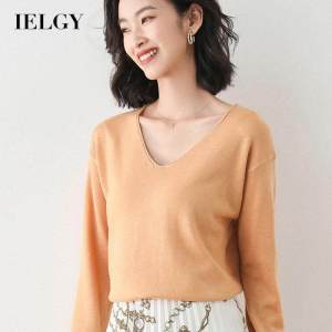 IELGY Áo Thun Dáng Rộng Dài Tay Cổ Chữ V Thanh Lịch