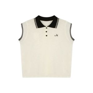 YUEZHONGWEI | เสื้อกั๊กไหมน้ำแข็งคอปกสีบล็อกสไตล์ฝรั่งเศสสำหรับผู้หญิงในฤดูร้อน เสื้อโปโลแขนกุดทรงสลิมฟิต เสื้อผ้าทำงาน