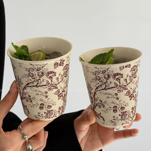 Retro Chinese Style Ceramic Coffee Cup Brown Flower Vine American Style Latte Juice Drink Cup Convenient Portable Mugs for Coffee Lovers