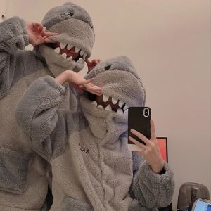 Couples Sleepwear Thickened Coral Fleece Hooded Three-Layer Cotton Cartoon Shark Mens Home Clothes Set Autumn Winter Home Clothes
