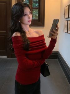 BINKAFENNY | Stunning Red Knitted Long Sleeve One Shoulder Base Shirt Womens Slim Fit Spicy Girl Inner Wear Shoulder Bared Top