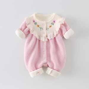 ฤดูใบไม้ร่วง ฤดูหนาว เด็กทารก เด็กผู้หญิง ผ้าขนแกะ Onesie มีซับในถักหนา เด็กทารก เสื้อผ้าเสื้อผ้าเด็กทารก สไตล์ลำลอง แขนยาวปิดสองปุ่ม