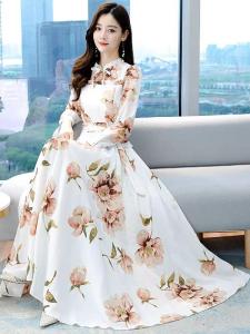 Váy Dài Tay Chiffon in Hoa Mùa Thu Mới Cạp Cao Váy Dài Xếp Ly Váy Midi Váy Chữ A Váy Dài Thường Ngày Cho Nữ