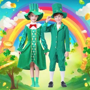 Fast shipping St. Patricks Day Irish Goblin Costume Cosplay Children Elf Suits Ireland Lucky Green Carnival Halloween Party Role Play Outfits