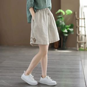 Summer New High Waist Embroidered Cotton Linen Casual Pants Thin Comfortable Breathable Womens Short Shorts Wide Leg Pants