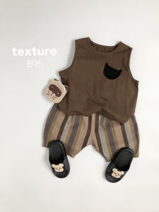 Summer Set Graffiti Patchwork Korean Style Thin Cotton Sleeveless Boys Girls Vest Striped Shorts Childrens Clothing
