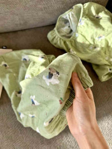 100% Pure Cotton Sleepwear Womens Loose Cartoon Cheese Dog Home Clothes Set Double Layer Cotton Long Sleeve round Neck Nightgown