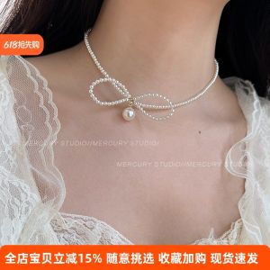 Sweet Sister Letter Necklace Pearl Butterfly Knot Clavicle Chain Womens High-End Sensation Necklace Luxury Small Audience Neck Chain