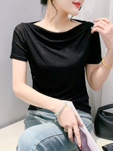 เสื้อยืดแขนสั้น Rhinestone Heavy-duty ยุโรป ผู้หญิง เซ็กซี่ ไหล่เดียว ฤดูร้อน Slim-fit หลากหลาย อินเทรนด์ สตรีทแวร์