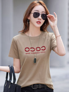 Pure Cotton Khaki T-Shirt Womens Short Sleeve Loose Letter Crew Neck T-shirt K-style Fashionable New Oversized Half-Sleeve Top