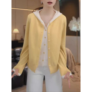 Color Block Hooded Knitted Sweater Womens Open Cardigan Outerwear plus Size New Style Versatile Lazy Style Top Commute Style