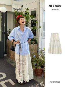 High Waist A-Line Long Skirt Womens Lace Floral Half Body Skirts Slimming Design Sense Patchwork Tagkita Brand Spring 2025
