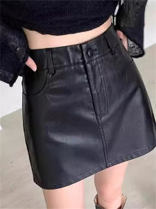 Black High Waist A-Line Mini Skirt Womens PU Leather Half-length Skirt Commute Style Korean Version Thickened Short Skirt