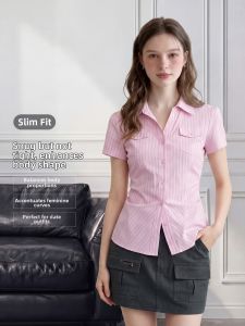 LIDIA | Polo Collar Slim Fit Pink Stripe Short Sleeve Blouse