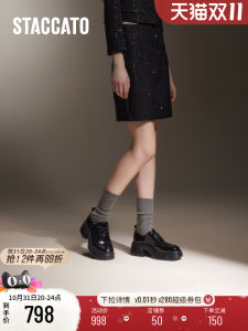 Staccato Retro Oxford Shoes Thick Bottom Heightening Black Leather Single Shoes J3468CM4 Fashionable Casual High Heels