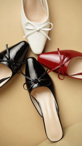 YOTO Womens New Bow Decor Pointed Toe Mid Heel Sandals 6.5cm Stiletto Semi-Open Leather Slippers