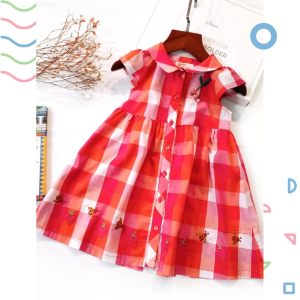Váy sơ mi bé gái 6-24 tháng DPAM ngắn tay kẻ caro thêu hoa anh đào cotton váy bé gái mùa hè đầm xuất dư bé gái