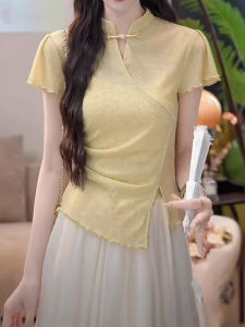 Shalldoer | Chic Anti-Aging Asymmetrical Hem Short Sleeve T-Shirt Womens Korean Style Button Placket Stand Collar Top Summer New Chinese