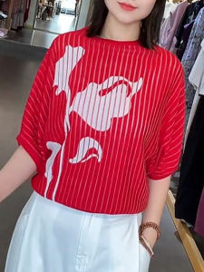 UYFY | Red Round Neck Printed Short Sleeve T-Shirt Womens Summer New Unique Design Large Size Age Reduction Thin Top Thin Type