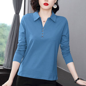 Pure Cotton Long Sleeve Polo Neck T-Shirt Women Loose Midlife Spring Autumn Fashionable Small Shirt Korean Style Commute