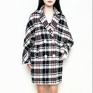 เสื้อโค้ทผ้าขนสัตว์ผสมขนแกะยาวปานกลางลายสก็อตทรงหลวมสำหรับผู้หญิงในฤดูใบไม้ร่วงและฤดูหนาว ทรงหลวม คอปกสูท กระดุมสองแถว แขนยาว