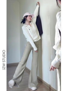 Khaki Flared Jeans Women Loose Drapey Slimming Floor-Length Horse Hoof Pants Casual Style Low Waist Denim Fabric Wear Resistant