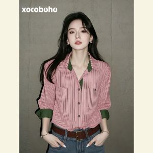 xocoboho | Unique Stylish French Style Career Commuting Pink Striped Long Sleeve Shirt