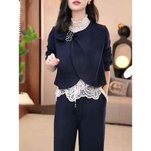 WANGGONGZHU | Fashionable Beaded Lace Patchwork Sweatshirt Womens Spring Autumn Large Size Top Princess Style Straight Cut Long Sleeve
