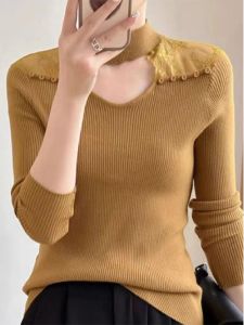 เสื้อชั้นในถักคอสูงแบบเข้ารูปหรูหราสำหรับผู้หญิง ทรงเข้ารูป เสื้อชั้นในคอวีแบบเปิดไหล่ สไตล์หวานๆ สบายๆ