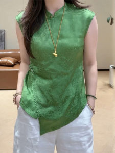 Shalldoer | เสื้อเชิ้ตคอตั้งสไตล์จีนย้อนยุคใหม่สำหรับผู้หญิง ฤดูร้อน 2025 ดีไซน์ไม่สมมาตร เสื้อเชิ้ตแขนสั้นทรงหลวมสบายๆ