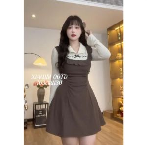 Large size fake two-piece dress for women fat waist and slim design pleated and beautiful A-line skirt