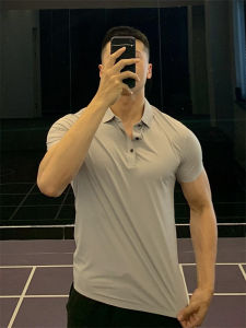 Ice Silk Quick Dry Elastic Polo Short Sleeve Fitness T-Shirt Mens Summer Sportswear Ultra Light Breathable Ultra Elastic