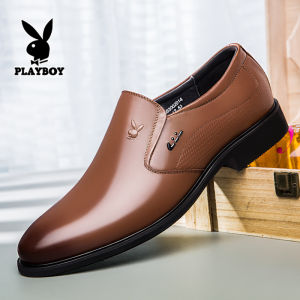 Playboy Mens Leather Shoes Genuine Leather Business Formal Black Brown Slip-On Casual Dad Shoes Large Size Winter Boat Shoes