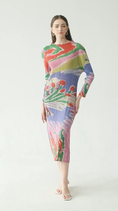 KESHANGYI Miyake ชุดเดรสจับจีบสำหรับผู้หญิงชุดเดรส เงินเดิมสูงสไตล์ ลายการชำระหนี้ รอบคุณภาพสูงสไตล์ลำลอง คอแฟชั่นที่เป็นผู้หญิงที่หายไปใช้งาน