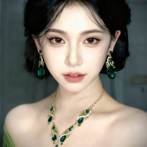 Exaggerated Luxury Green Waterdrop Gem Necklace Earrings Set Womens Fashion Jewelry  out Lockbone Chain Accessory