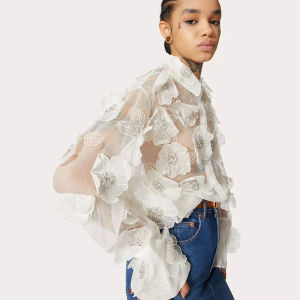 เสื้อผ้าของผู้หญิงเสื้อสตรีแบบวินเทจเย็บปะติดปะต่อกันแขนยาวคอปกแบบปะต่อเข้าอย่างงดงามสำหรับฤดูร้อน