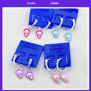 FLORA 0388B - Bông tai bạc ta hình gấu màu xanh hồng tím dành cho bé gái