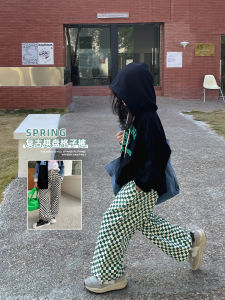 Clever Home Girls Plaid Pants Spring New Loose Casual Wide Leg Pants High Waist Korean Style Childrens Clothing