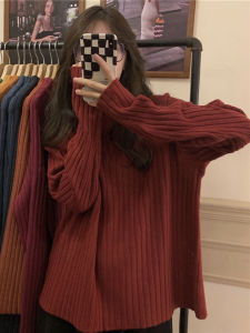 Autumn Pure Color Half High Collar Ribbed Design Knitted Sweater Loose Slimming Overhead Top for plus Size Women Comfortable Warmth