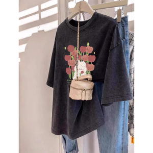 Slimming Effect T-Shirt Hip Hop Sweet Cool Style plus Size Womens Summer Short Sleeve Washed Grey Cotton round Neck T-Shirt